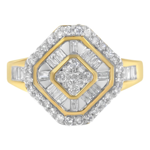 10K Yellow Gold Round and Baguette-Cut Diamond Cocktail Ring (1.0 Cttw, I-J Color, I1-I2 Clarity), Size 7 For Sale