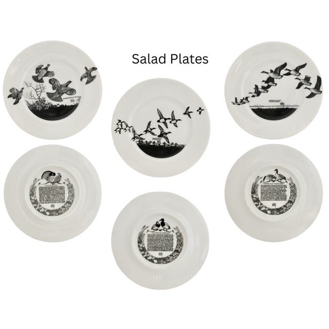 Mid 20th century Lynn Bogue Hunt game bird dinnerware set featuring detailed black wildlife illustrations on crisp white...