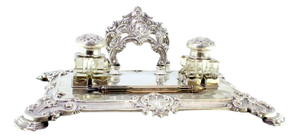 Silver and Glass Inkwell with Shell Reliefs, Monogram Card and Letter Holder