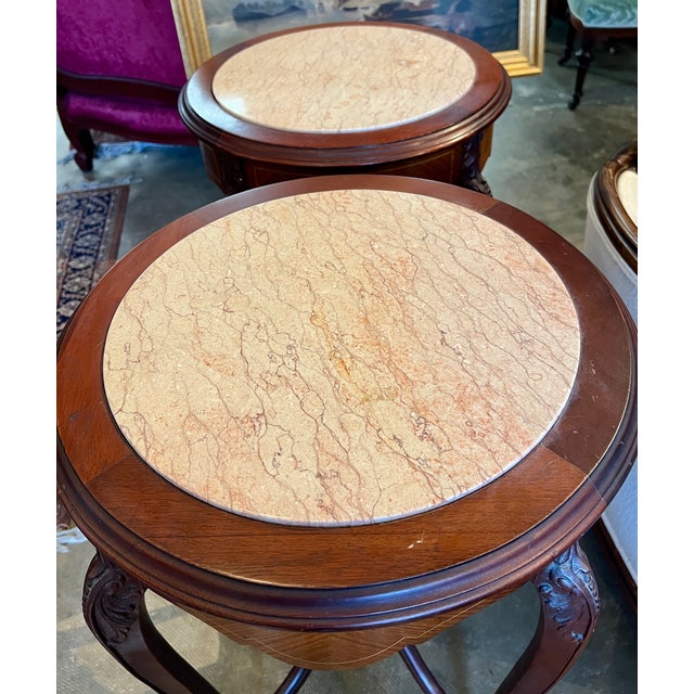 Late 20th Century Carved Round Walnut Side Tables With Marble Top For Sale - Image 4 of 7