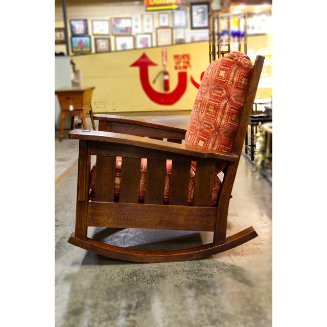 Mission Arts & Crafts Style Stickley Bow Arm Oak Rocker With Loose Cushions For Sale - Image 3 of 12
