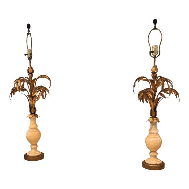 1930s Pair of 1930s Hollywood Regency Palm Tree & Marble Lamps For Sale