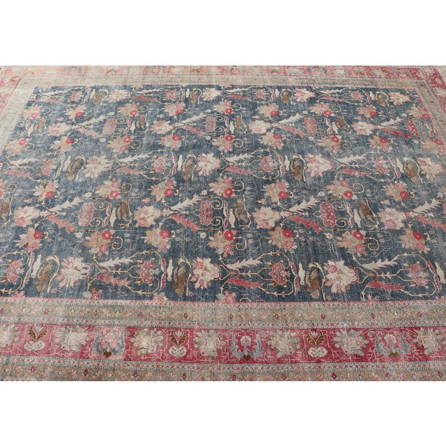 Textile Antique Persian Tabriz Rug With Brid Design in Blue 8'8 X 12' For Sale - Image 7 of 16