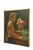 Mid century oil painting on canvas depicting a brown haired topless female figure pulling a green shirt off a wooden...
