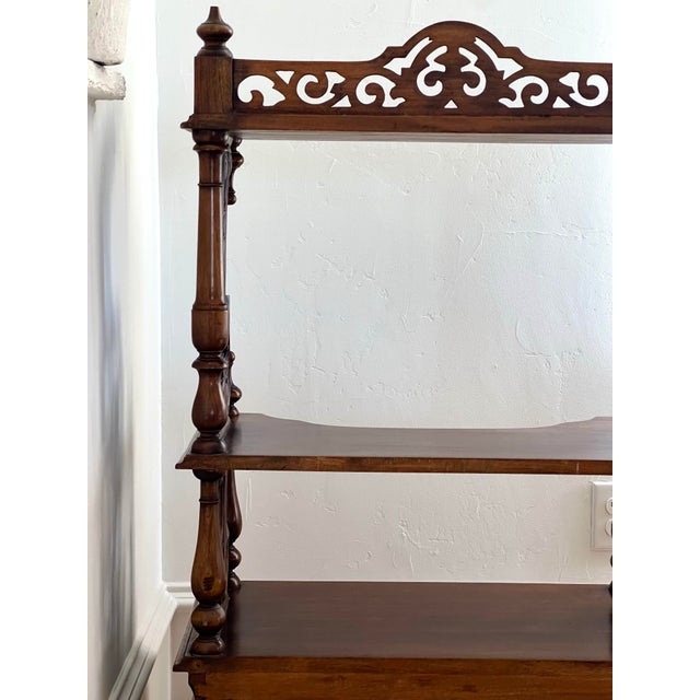 Exquisite Antique Victorian Carved Walnut Étagère Display Stand With Ornate Gallery & Lower Drawer For Sale - Image 9 of 12