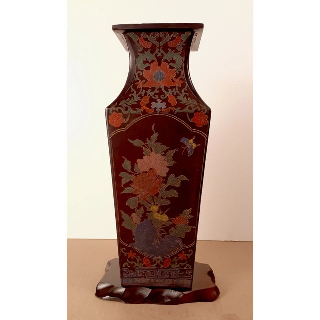 Late 19th Century Chinese Lacquer Peonies and Poems Four Sided Fengweizun For Sale - Image 11 of 11