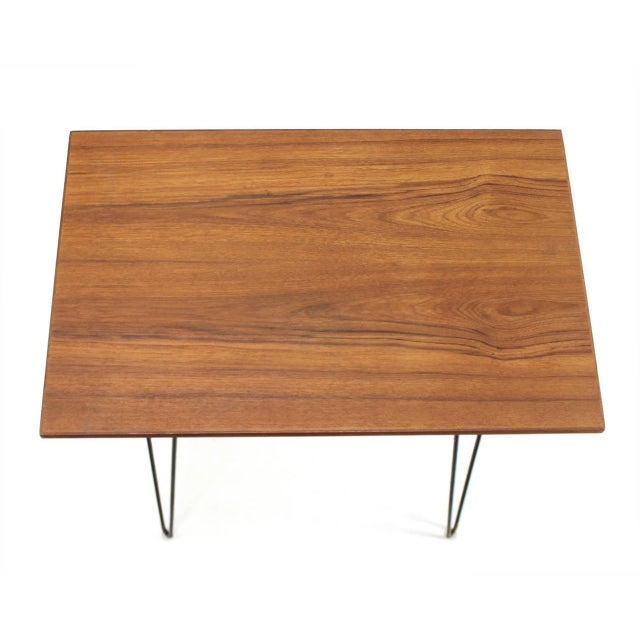 Pair Teak Tops End Side Console Tables Stands Pedestals Tall Wire Legs MINT! For Sale - Image 6 of 8