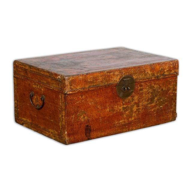 19th Century Chinese Qing Dynasty Period Lacquered Leather Trunk with Distressed Patina For Sale - Image 12 of 13