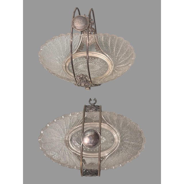 Pair of Antique Victorian Silver Plate & Art Glass Brides Baskets With Birds For Sale - Image 6 of 8
