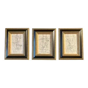 Contemporary 3 Original Wayne Cunningham Abstract Ink Drawings Framed-Set of 3