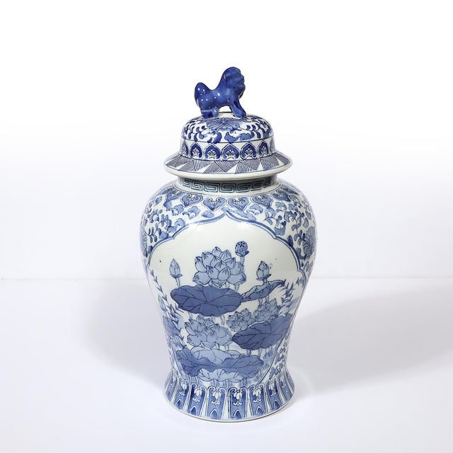 Chinese Hand Painted Blue and White Fudog and Flower Temple Jar For Sale - Image 4 of 18