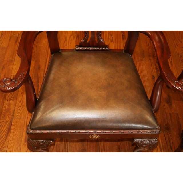 Pair of Theodore Alexander Althorp Chippendale Style Leather Seat Arm Chairs For Sale - Image 9 of 14