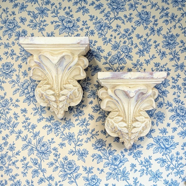 Vintage rococo style composite decorative wall brackets Overall measures 7” w x 4” d x 8.5” h. Shelf portion measures...