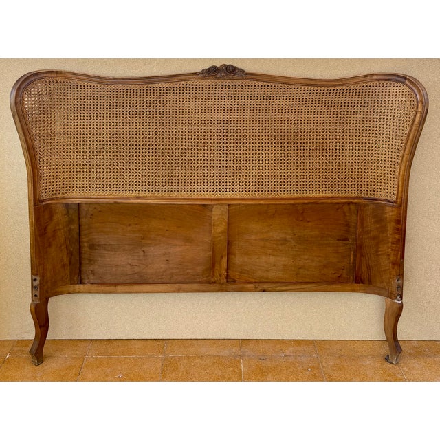 Wood French Louis XV Style Walnut Headboard with Cane Panel and Carved Details, 1940 For Sale - Image 7 of 10