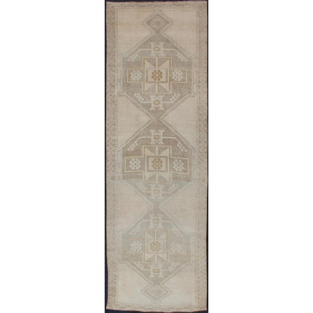Vintage Turkish Hand Knotted Oushak Runner With Etched Medallion Design in Soft Muted Tones For Sale - Image 13 of 13