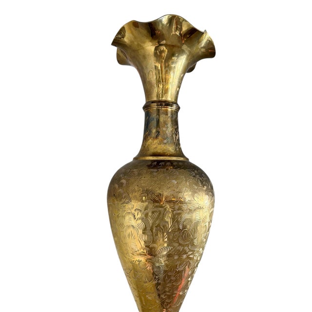1960’s Extra Large Etched Solid Brass Fluted Vase For Sale - Image 4 of 6