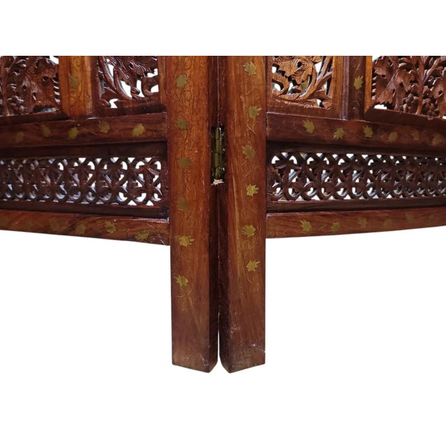 Brown Vintage Four-Panel With Brass Inlay Teak Wood Screen Room Divider For Sale - Image 8 of 8