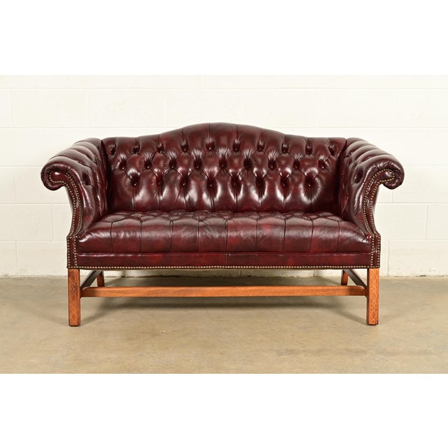 Hancock and Moore Style Vintage Chippendale Tufted Oxblood Leather Camelback Chesterfield Sofa, Circa 1980s For Sale - Image 14 of 14