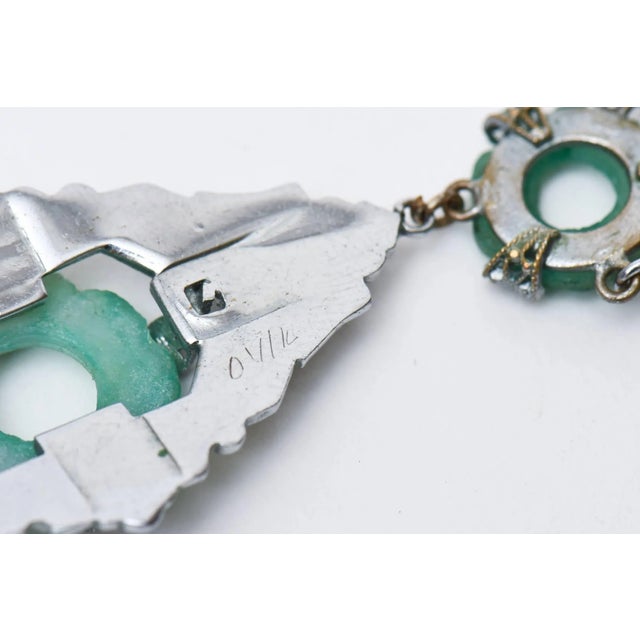 1930s Vintage Art Deco Marcasite and Green Stone Necklace With Pendant For Sale - Image 5 of 7
