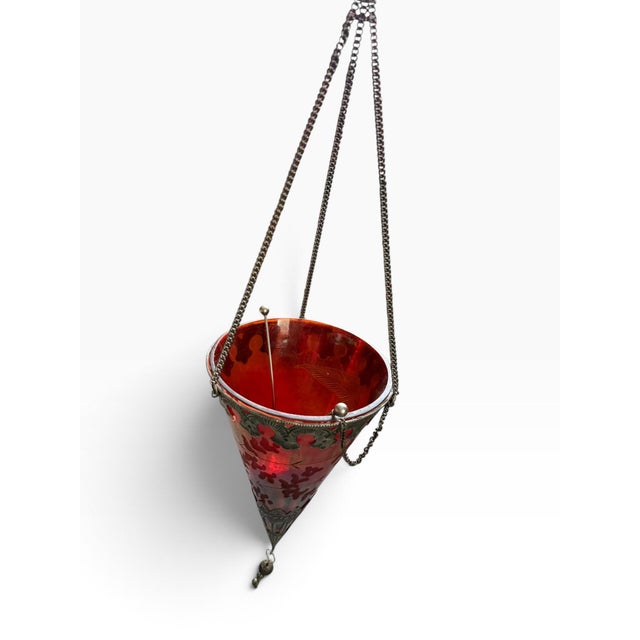 Vintage Moroccan-Style Hanging Lantern | Iridescent Red Glass Tea Light Holder For Sale - Image 4 of 7