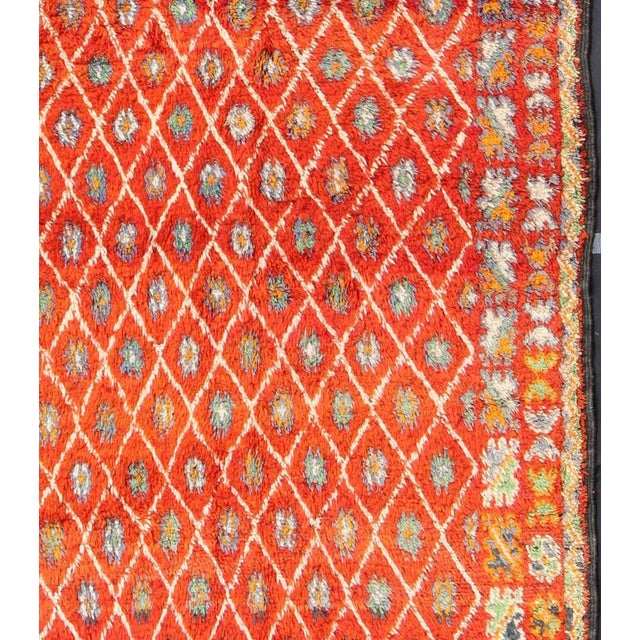 Tribal Mid 20th Century Orange and Red Background Vintage Moroccan Rug With All-Over Diamond Pattern For Sale - Image 3 of 7