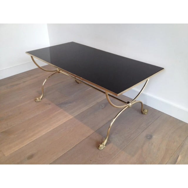 Maison Jansen 1940s Fench Brass & Black Lacquered Glass Top Dolphin Heads Coffee Table For Sale - Image 4 of 13