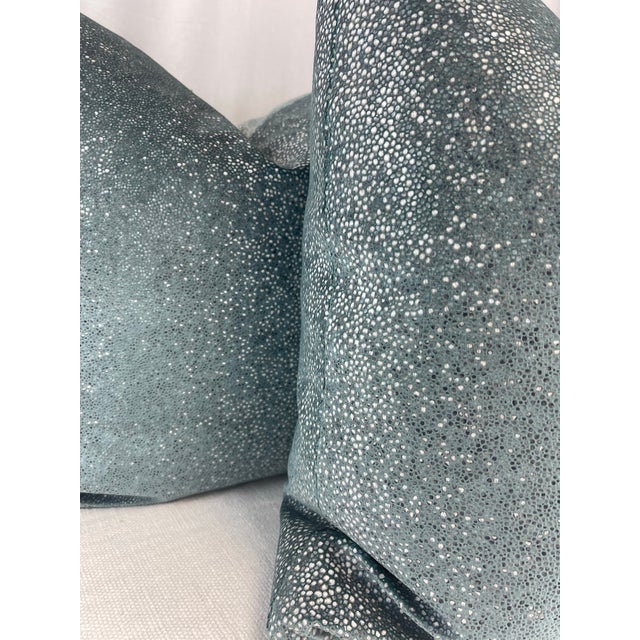 Custom pair of 22" pillows covered in Kravet "L'Escale" in jade, a velvet fabric that is waxed to look like manta ray...