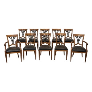 Set of 10 Biedermeier-Style Colombian Dining Chairs in Mahogany & Black Leather For Sale