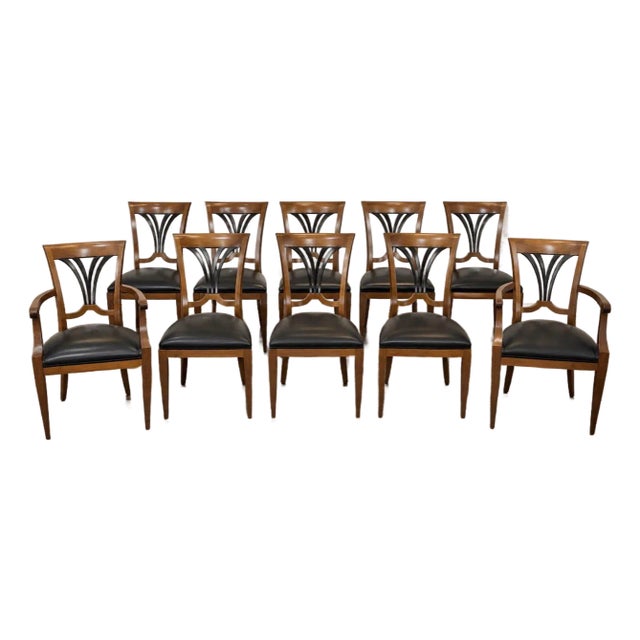 Set of 10 Biedermeier-Style Colombian Dining Chairs in Mahogany & Black Leather For Sale