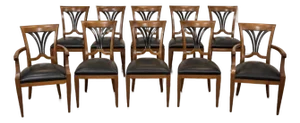Set of 10 Biedermeier-Style Colombian Dining Chairs in Mahogany & Black Leather
