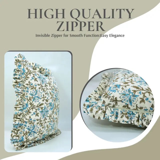 Art Deco Fabdivine Elegant Block Printed Frill Cushion Cover Blue 14x14 Inch Off-White Linen- Neerabel For Sale - Image 3 of 5