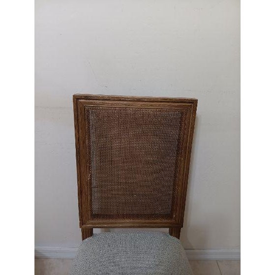 Traditional 1970s Dining Chair Wood Light Green Uphlostered Seat Cane Back Medium Tone Set of 2 For Sale - Image 3 of 6