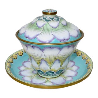 Canton Enamel Covered Bowl and Saucer With Pink Lotus Design For Sale