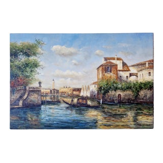 Mid-20th Century Signed C. Marriotti - Venetian Canal Scene With Gondola, Oil on Canvas For Sale