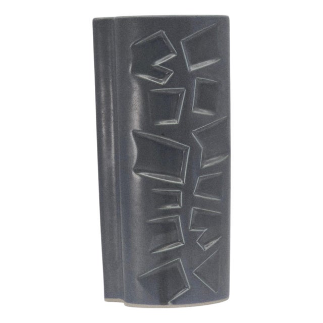 Mid-Century Modern Brutalist Ceramic Vase Geometric Relief 11.75" For Sale