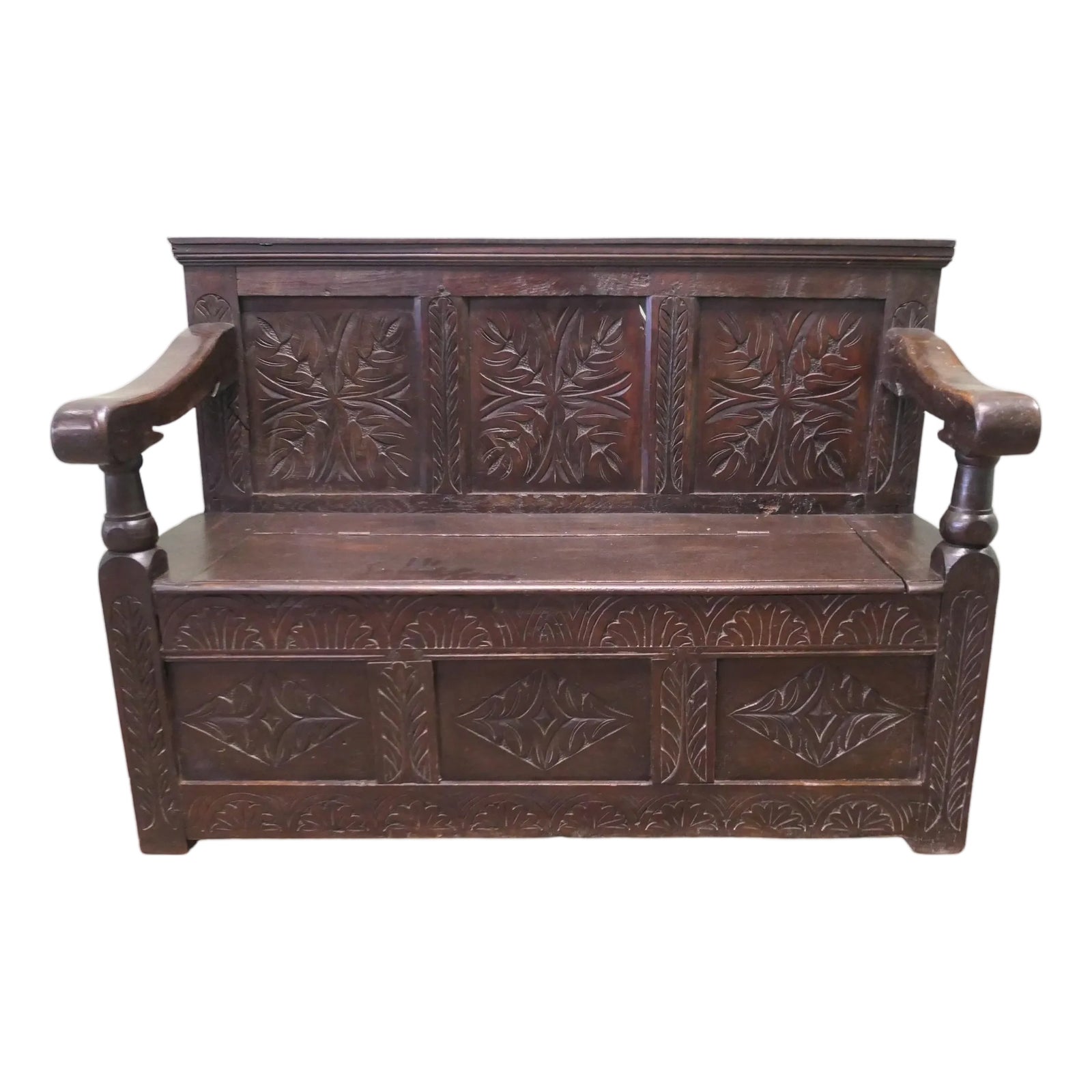 Oak High Back Settle with Carved Back Panels, 17th Century | Chairish