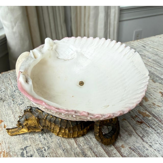 French Scallop Shell on Brass Pedestal Seahorse Base For Sale In Miami - Image 6 of 8