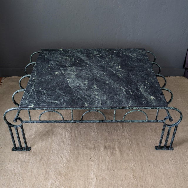 Metal French Art Deco Revival Green Marble and Faux Verdigris Coffee Table For Sale - Image 7 of 18