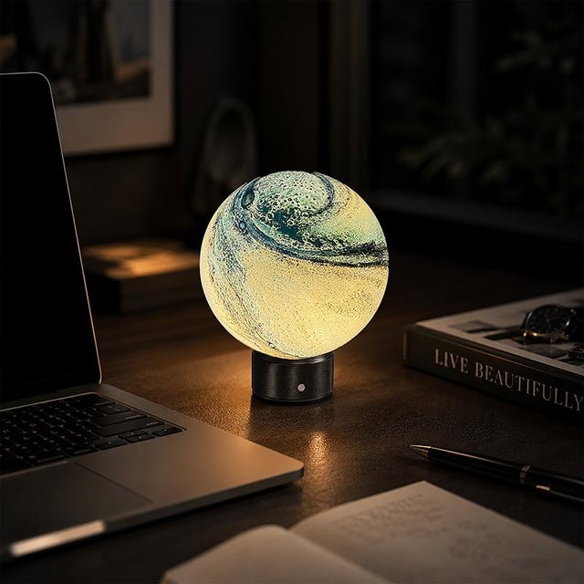 Aloadecor Cosmic Blue Hand-Blown Art Glass Globe Table Lamp Cordless Rechargeable Decorative Bedside Lamp With Dimmable Led For Sale - Image 9 of 11