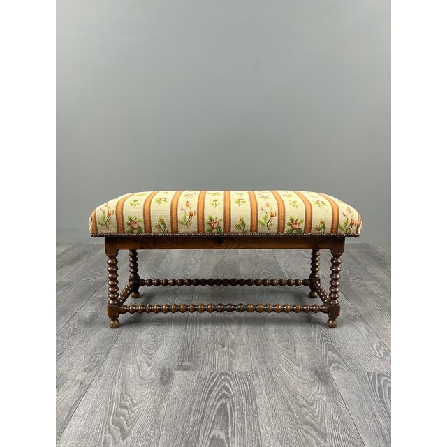 Antique Turned Wood Bench with Floral Tapestry Seat For Sale - Image 3 of 8