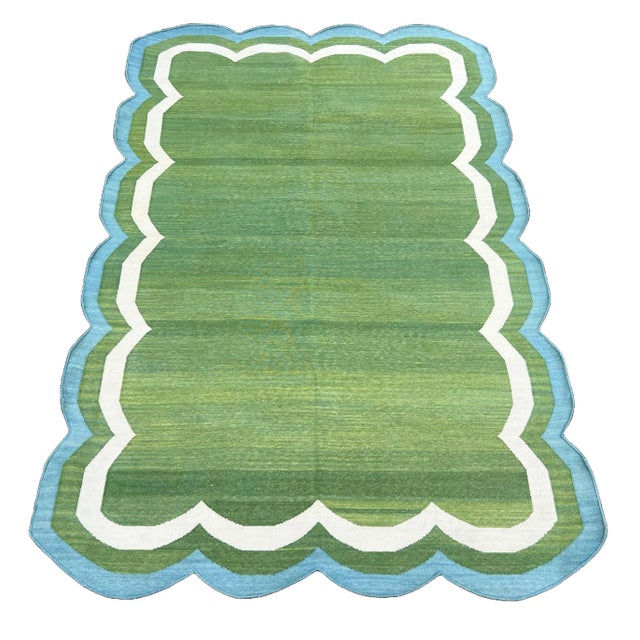 Handmade Cotton Area Rug, Flat Weave Moss Green Scalloped Dhurrie Teal Blue Border - 5'x7' For Sale - Image 9 of 10