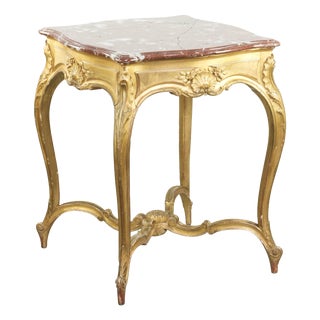French Side Table with Gold-Colored Wooden Frame and Marble Table For Sale