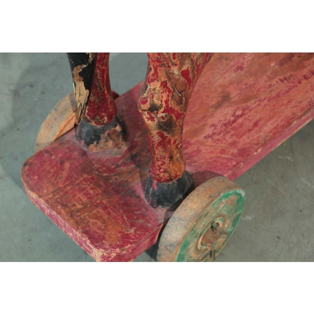 Wood Pair of Monumental Indian Polychrome Carved Wood Horses on Wheels, 19th C. For Sale - Image 7 of 17