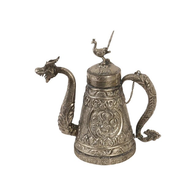 Silver Tibetan Asian Indian Repousse Chased Silver Alloy Ewer Teapot For Sale - Image 8 of 8