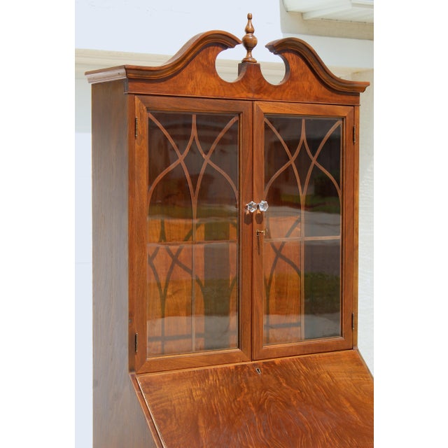 Wood Vintage Georgian Revival Flame Mahogany Secretary Desk Bookcase With Glass Doors, Circa 1940s–1950s For Sale - Image 7 of 18