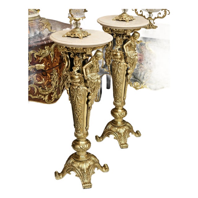 The Gilded Muses Set of 2 – Hand-Carved Pedestal With Sculpted Female Figures & Marble Top For Sale