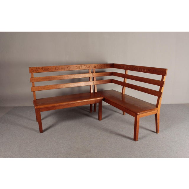 Wood Alpine Corner Bench in Oak with Christian Symbolism, 1930s, Set of 2 For Sale - Image 7 of 18
