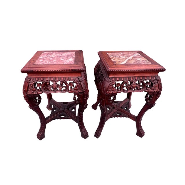 Red Antique Carved Asian Marble Top Chinese Stands a Pair For Sale - Image 8 of 12