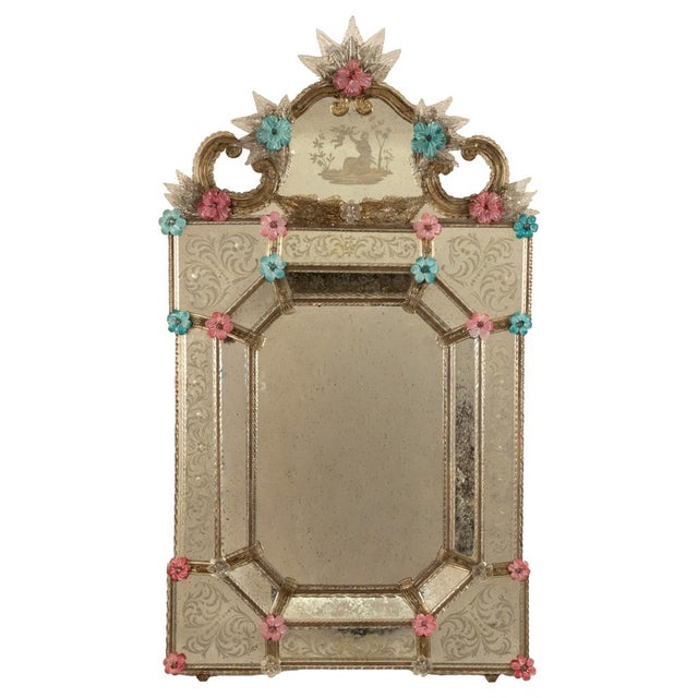A fine large hand made antique style Murano glass Venetian mirror, by Fratelli Tosi. This very fine mirror having an array...