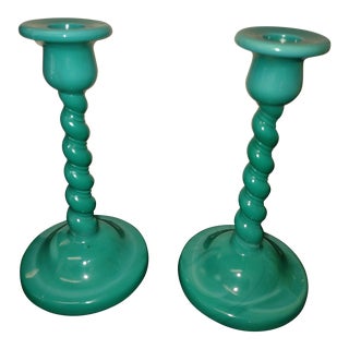 1920s Pressed Glass Turquoise Barley Twist Candlesticks - a Pair For Sale